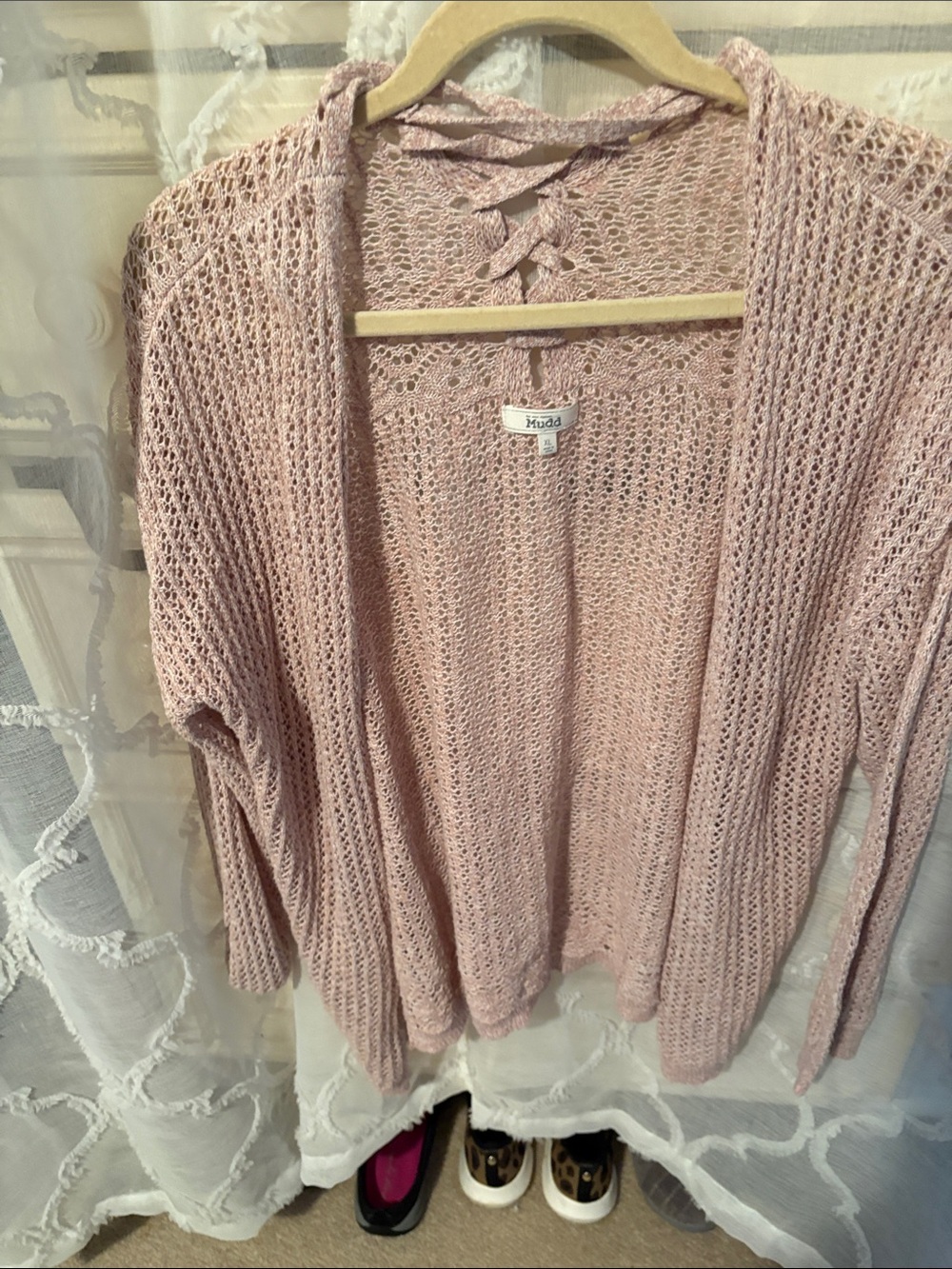 Mudd Open-Knit Lace-Up Back Cardigan - Dusty Rose